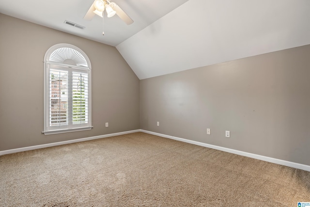 5265 Lake Crest Cir, Hoover, AL 35226 - additional living space with carpet floors, ceiling fan, vaulted ceiling, and baseboards