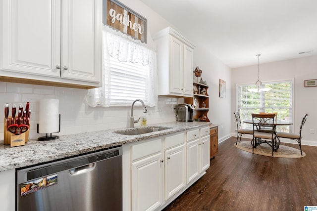 3096 Hidden Forest Cv, Montevallo, AL 35115 - kitchen with dishwasher, a sink, dark wood-style floors, white cabinetry, and baseboards