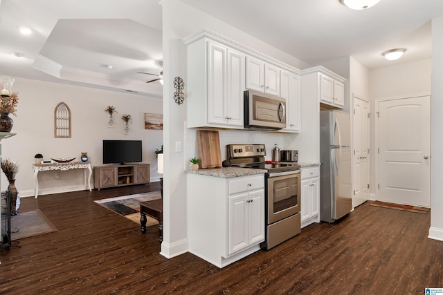 3096 Hidden Forest Cv, Montevallo, AL 35115 - kitchen featuring stainless steel appliances, dark wood-style flooring, open floor plan, a ceiling fan, and ornamental molding