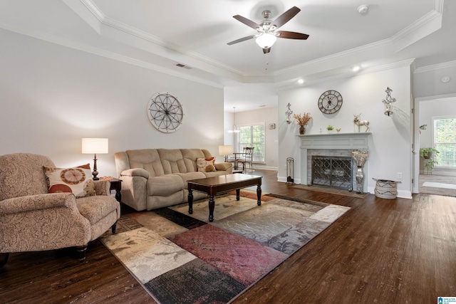 3096 Hidden Forest Cv, Montevallo, AL 35115 - living area featuring ceiling fan, hardwood / wood-style floors, crown molding, a fireplace with flush hearth, and baseboards
