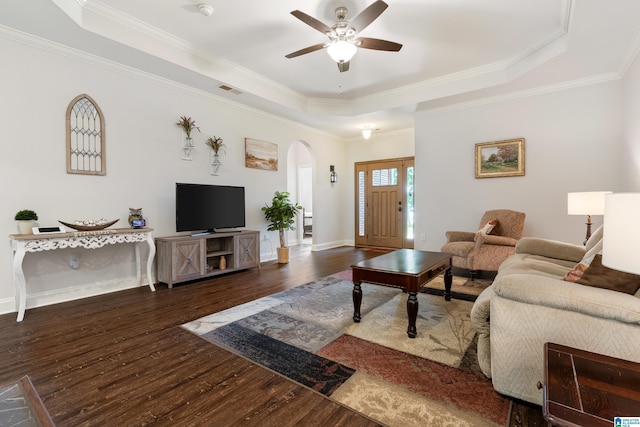 3096 Hidden Forest Cv, Montevallo, AL 35115 - living area with a raised ceiling, arched walkways, hardwood / wood-style flooring, a ceiling fan, and ornamental molding