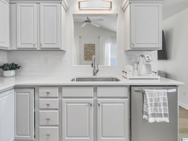156 Brook Highland Cv, Birmingham, AL 35242 - kitchen featuring a sink, stainless steel dishwasher, tasteful backsplash, light countertops, and lofted ceiling