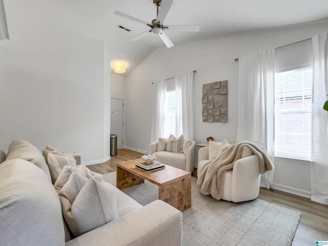156 Brook Highland Cv, Birmingham, AL 35242 - living room with light wood finished floors, vaulted ceiling, baseboards, and ceiling fan