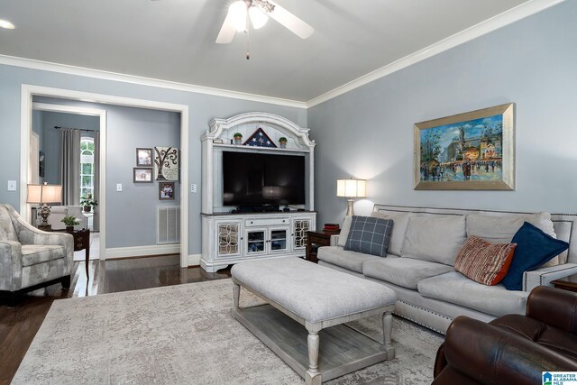 2300 Ridge Trl, Birmingham, AL 35242 - living room with ornamental molding, dark wood-type flooring, a ceiling fan, and baseboards