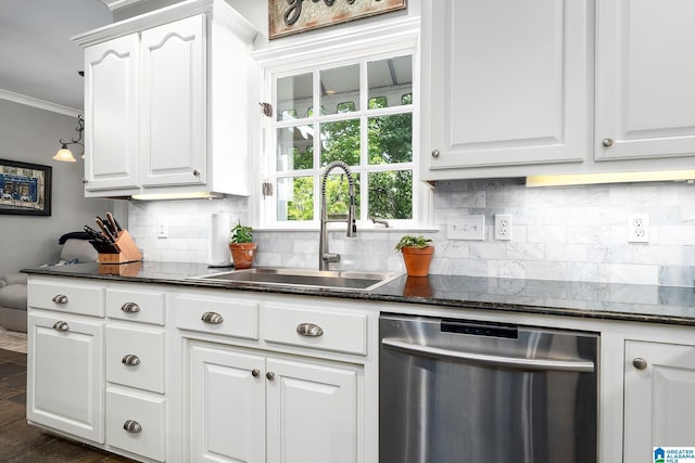 2300 Ridge Trl, Birmingham, AL 35242 - kitchen featuring dishwasher, a sink, backsplash, crown molding, and white cabinetry