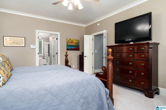 2300 Ridge Trl, Birmingham, AL 35242 - bedroom featuring ornamental molding, a ceiling fan, light colored carpet, and connected bathroom