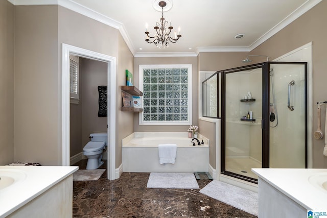 2300 Ridge Trl, Birmingham, AL 35242 - bathroom with vanity, a shower stall, a garden tub, crown molding, and toilet