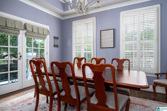 2300 Ridge Trl, Birmingham, AL 35242 - dining room with a chandelier, wood finished floors, ornamental molding, and french doors