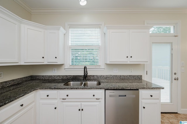 822 Boulder Ridge Cir, Hoover, AL 35244 - kitchen featuring stainless steel dishwasher, a sink, white cabinets, and ornamental molding