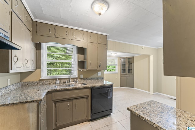 315 3rd Ave, Odenville, AL 35120 - kitchen with black dishwasher, a sink, light tile patterned flooring, ornamental molding, and light stone countertops