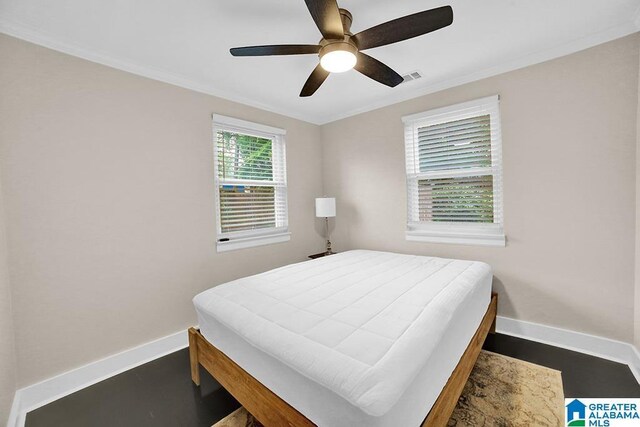 123 Whitestone Trl, Calera, AL 35040 - bedroom with baseboards, ornamental molding, a ceiling fan, and dark wood-style floors