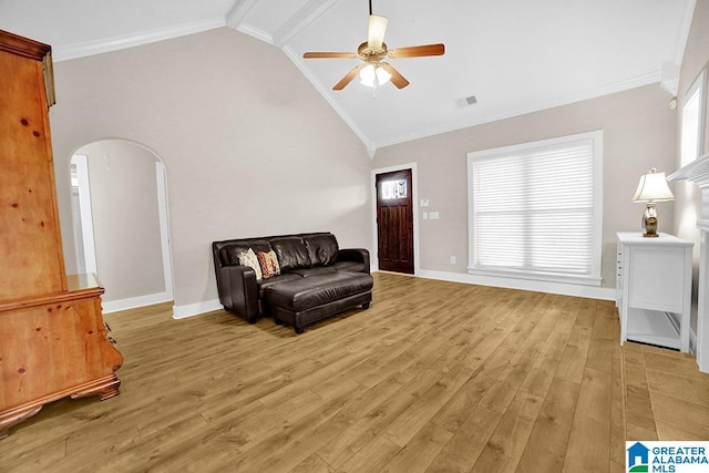 123 Whitestone Trl, Calera, AL 35040 - living area with light wood-style floors, a ceiling fan, arched walkways, vaulted ceiling, and plenty of natural light