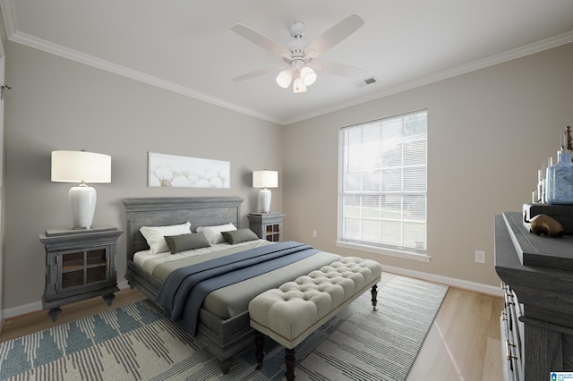 2019 Russet Meadows Ct, Helena, AL 35244 - bedroom with light wood-style flooring, crown molding, baseboards, and ceiling fan