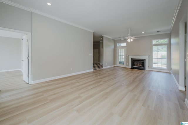 2019 Russet Meadows Ct, Helena, AL 35244 - unfurnished living room with recessed lighting, a ceiling fan, baseboards, light wood-type flooring, and crown molding