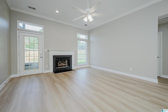 2019 Russet Meadows Ct, Helena, AL 35244 - unfurnished living room with light wood-style floors, a fireplace with flush hearth, baseboards, ceiling fan, and crown molding
