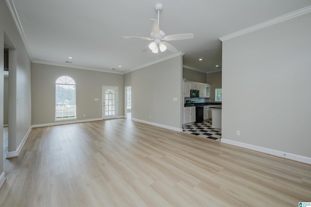 2019 Russet Meadows Ct, Helena, AL 35244 - unfurnished living room featuring light wood-style flooring, recessed lighting, ceiling fan, baseboards, and crown molding