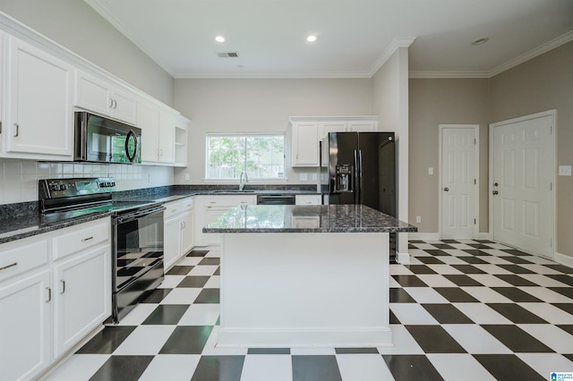 2019 Russet Meadows Ct, Helena, AL 35244 - kitchen with black appliances, light flooring, a sink, white cabinets, and ornamental molding