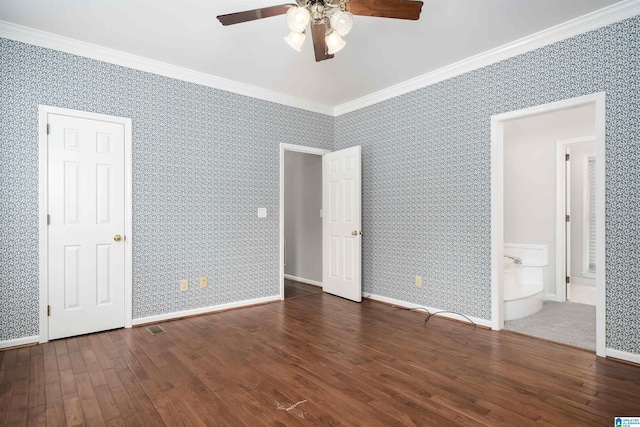 100 Redwood Dr, Trussville, AL 35173 - unfurnished bedroom with wallpapered walls, hardwood / wood-style floors, ornamental molding, connected bathroom, and ceiling fan