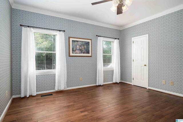 100 Redwood Dr, Trussville, AL 35173 - empty room with crown molding, a ceiling fan, hardwood / wood-style flooring, and wallpapered walls
