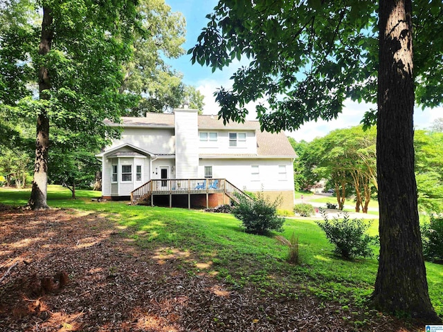 100 Redwood Dr, Trussville, AL 35173 - rear view of property with stairs, a wooden deck, a yard, and a chimney