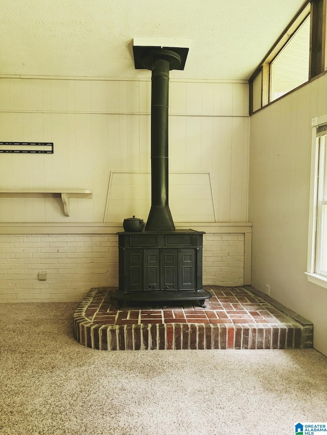 1315 Gloria Ln, Weaver, AL 36277 - detailed view of a wood stove, carpet flooring, and a textured ceiling