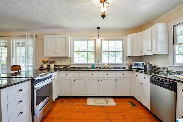 1693 4th Ave N, Clanton, AL 35045 - kitchen featuring stainless steel appliances, a peninsula, a sink, light wood-type flooring, and crown molding