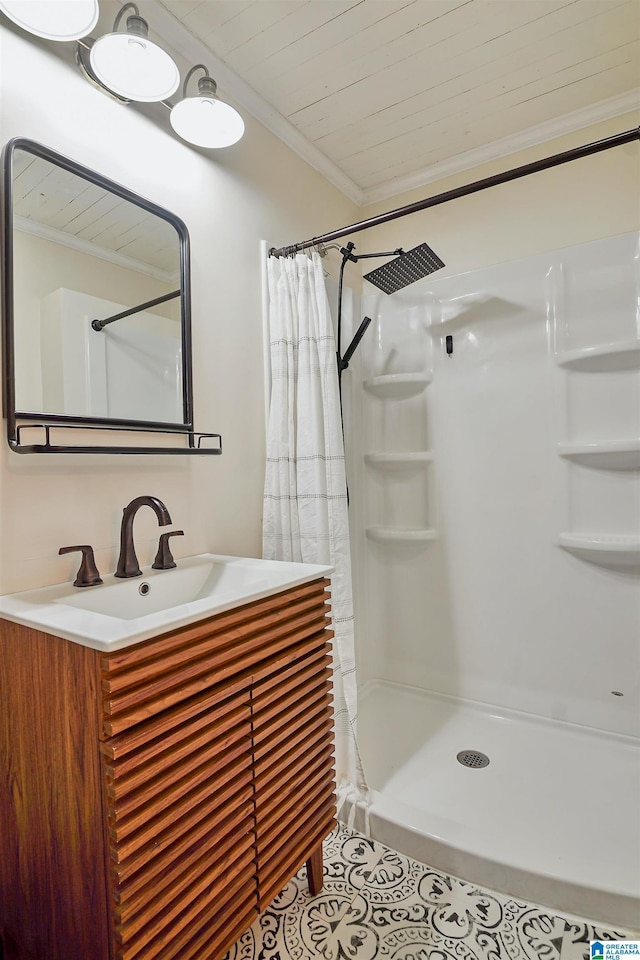 1693 4th Ave N, Clanton, AL 35045 - bathroom with tile patterned floors, vanity, a shower with curtain, wood ceiling, and ornamental molding