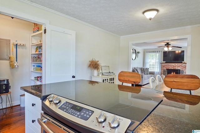 1693 4th Ave N, Clanton, AL 35045 - kitchen with a ceiling fan, white cabinetry, dark stone counters, wood finished floors, and a textured ceiling