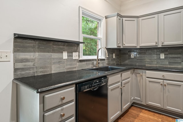 1033 Inverness Cove Way, Hoover, AL 35242 - kitchen featuring dishwasher, a sink, gray cabinetry, backsplash, and dark stone countertops