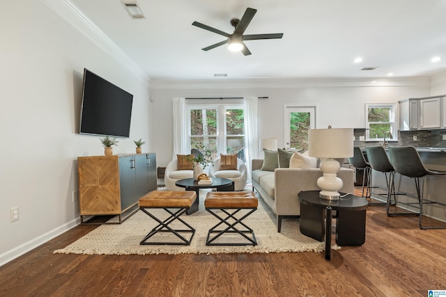 1033 Inverness Cove Way, Hoover, AL 35242 - living area featuring crown molding, a ceiling fan, plenty of natural light, dark wood-style flooring, and baseboards