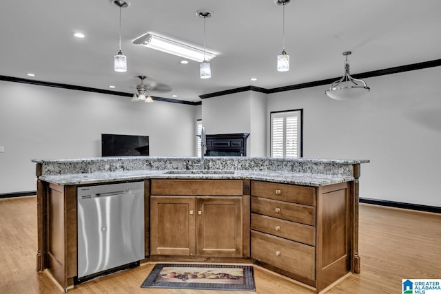 1700 Leisure Ln NW, Cullman, AL 35055 - kitchen featuring stainless steel dishwasher, crown molding, a ceiling fan, open floor plan, and light wood-type flooring