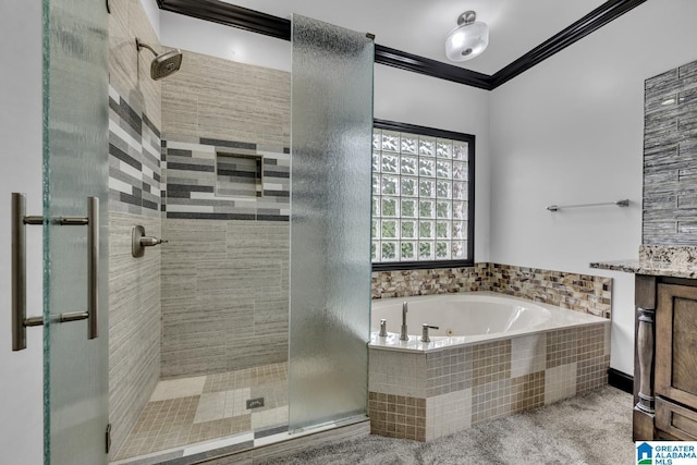 1700 Leisure Ln NW, Cullman, AL 35055 - full bathroom featuring a shower stall, a tub with jets, vanity, and ornamental molding