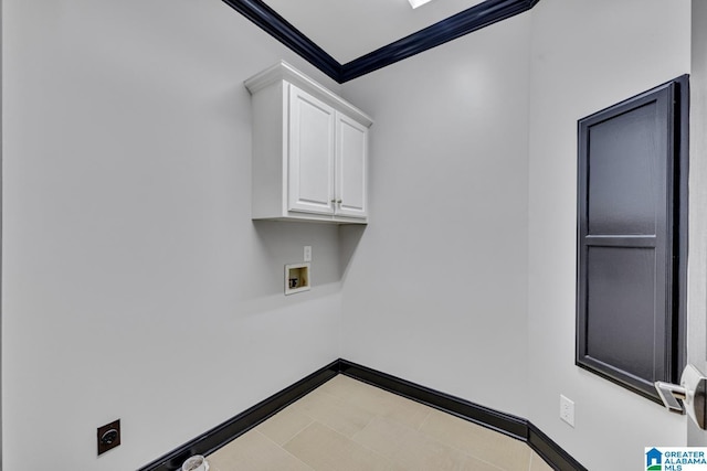 1700 Leisure Ln NW, Cullman, AL 35055 - laundry room with hookup for a washing machine, electric dryer hookup, ornamental molding, cabinet space, and baseboards