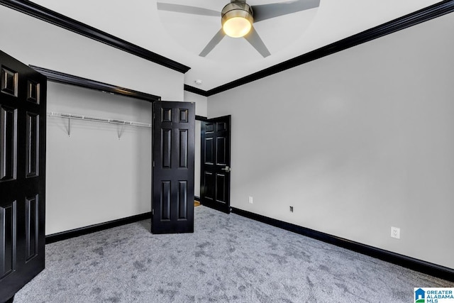 1700 Leisure Ln NW, Cullman, AL 35055 - unfurnished bedroom with crown molding, carpet floors, baseboards, a closet, and ceiling fan