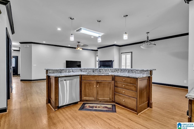 1700 Leisure Ln NW, Cullman, AL 35055 - kitchen with dishwasher, ornamental molding, ceiling fan, open floor plan, and baseboards