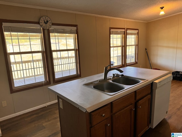 11791 Shoal Creek Dr, Ashville, AL 35953 - kitchen featuring dishwasher, crown molding, dark wood finished floors, a sink, and an island with sink
