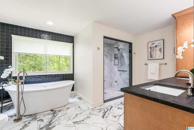 1355 Starcross Dr, Vestavia Hills, AL 35216 - full bathroom featuring marble finish floors, a shower stall, a freestanding tub, vanity, and recessed lighting