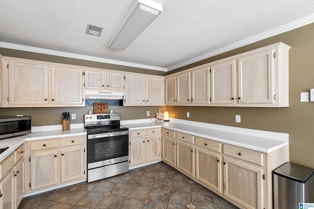 246 Park Place Way, Alabaster, AL 35007 - kitchen with appliances with stainless steel finishes, under cabinet range hood, light brown cabinetry, a textured ceiling, and light countertops