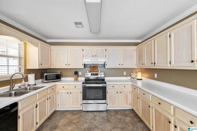 246 Park Place Way, Alabaster, AL 35007 - kitchen featuring stainless steel appliances, a sink, under cabinet range hood, light brown cabinetry, and ornamental molding