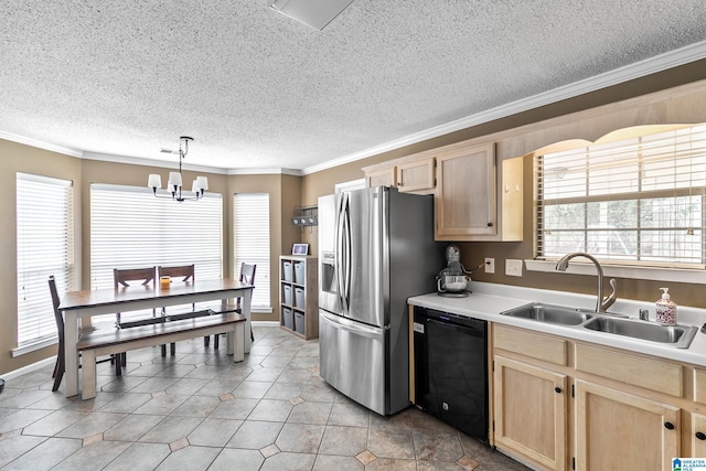 246 Park Place Way, Alabaster, AL 35007 - kitchen with light brown cabinetry, black dishwasher, a sink, stainless steel fridge, and a textured ceiling