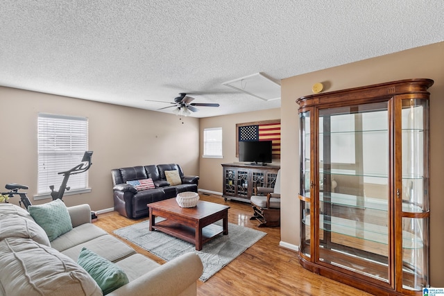 246 Park Place Way, Alabaster, AL 35007 - living room with a ceiling fan, light wood-type flooring, a textured ceiling, baseboards, and attic access