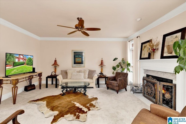 1222 Eagle Park Rd, Birmingham, AL 35242 - living area with carpet, crown molding, a ceiling fan, a warm lit fireplace, and baseboards