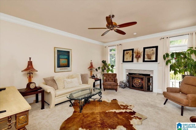 1222 Eagle Park Rd, Birmingham, AL 35242 - living area featuring ceiling fan, carpet floors, ornamental molding, and plenty of natural light