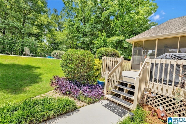 1222 Eagle Park Rd, Birmingham, AL 35242 - view of grassy yard with a sunroom, a deck, stairs, and view of wooded area