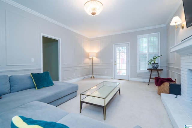 3504 William And Mary Rd, Hoover, AL 35216 - living room featuring a decorative wall, crown molding, light colored carpet, and a brick fireplace