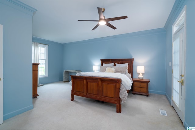 3504 William And Mary Rd, Hoover, AL 35216 - bedroom with ornamental molding, light carpet, baseboards, and ceiling fan