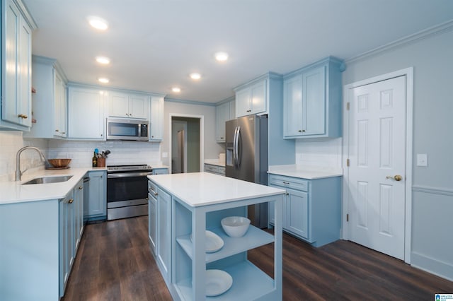 3504 William And Mary Rd, Hoover, AL 35216 - kitchen with appliances with stainless steel finishes, a sink, open shelves, ornamental molding, and backsplash