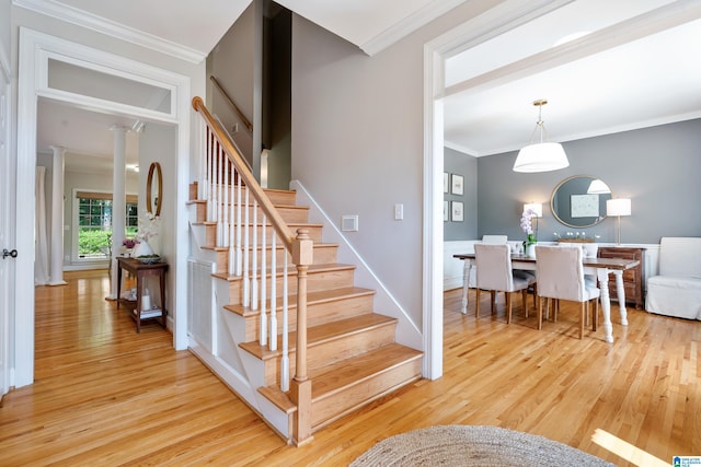 208 Maple Trce, Hoover, AL 35244 - staircase featuring crown molding, wood finished floors, and ornate columns