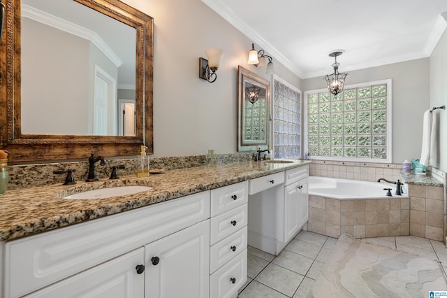 208 Maple Trce, Hoover, AL 35244 - bathroom featuring a chandelier, double vanity, a bath, ornamental molding, and tile patterned flooring