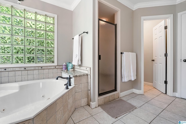 208 Maple Trce, Hoover, AL 35244 - full bath with a shower stall, ornamental molding, a tub with jets, tile patterned flooring, and baseboards